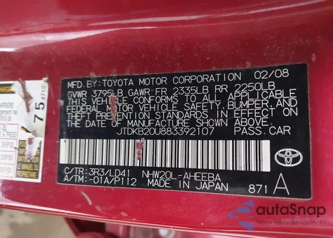 2008 Toyota Prius z USA, uszkodzony, nr VIN JTDKB20U883392107